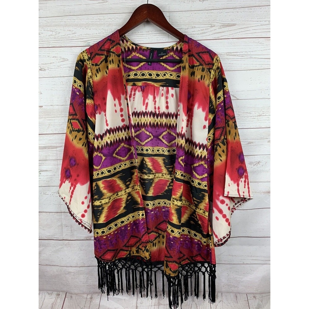 New Directions Kimono Womens Small Open Front Fringe Pink/Black